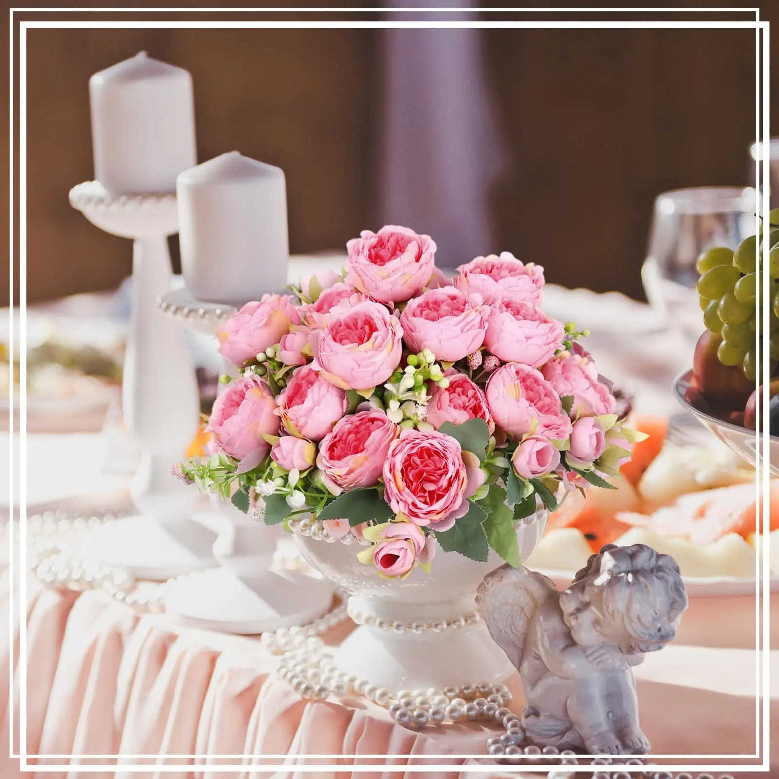 【Summer Deal】Silvanest Plastic Silk Peony Bouquet Set - 4/8/16 Bundles Dark Pink Decorative Faux Flowers with Full Blooms, Romantic Look Multiple Sets for Wedding Home Floral Decor