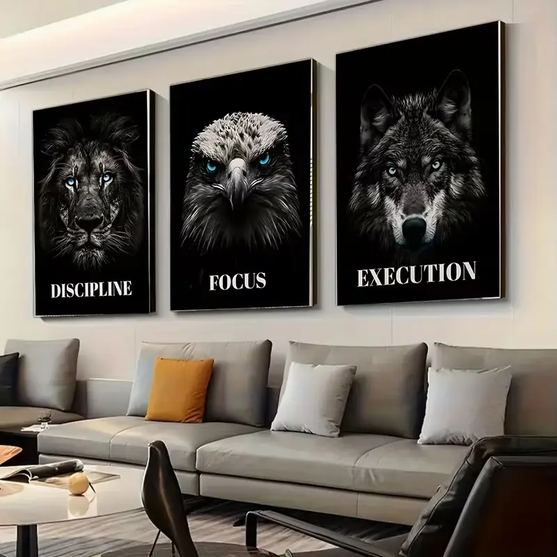 Set of 3 Black and White Animal Wall Art Set, Lion Eagle Wolf Poster Prints, Inspirational Wildlife Home Decor, Glossy Wall Art for Living Room Bedroom Office