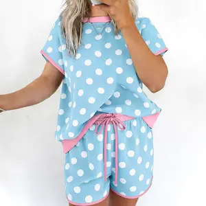 Womens 2 Piece Polka Dot Lounge Set Contrast Trim Short Sleeve Top and High Waist Shorts PJ Set with Pockets Casual Matching Sets