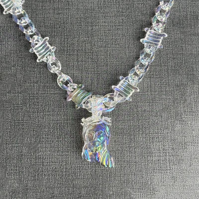 Jesus pendant necklace-iridescent , transparency acrylic with a thick 3D Jesus carving, featuring premium gold plating for a metallic shine. Blends street style with religious symbolism. -TikTokShopBlackFriday, unisex design.-Christmas gifts Jesus pendant necklace-iridescent , transparency acrylic with a thick 3D Jesus carving, featuring premium gold plating for a metallic shine. Blends street style with religious symbolism. -TikTokShopBlackFriday, unisex design.-Christmas gifts