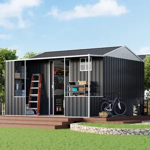 [Ships in 3 Boxes] AMERLIFE Metal Storage Shed, Dual-Zone Tool Shed with Work Area, Reinforced Frame, Gable Roof, Ventilated Design, Dark Grey