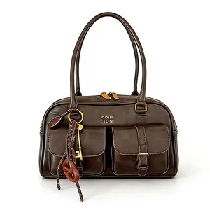 Vintage Brown Leather Satchel Bag - Retro Multi-Pocket Shoulder Bag with Charm Keychain Vintage Brown Leather Satchel Bag - Retro Multi-Pocket Shoulder Bag with Charm Keychain