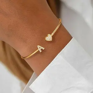 18K Gold Initial Letter Cuff Bracelet, A-Z Personalized Jewelry, Perfect Mother's Day Gift, Elegant Heart Design, Customizable Bracelet for Mom, Trendy Jewelry for Women, Unique Gift for Her