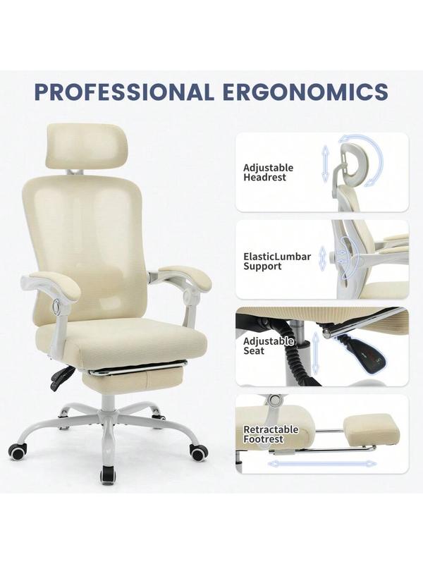 Beige - Ergonomic Mesh Office Chair - Home Desk Chair With Footrest , High-Back Computer Gaming Chair With Headrest Adjustable Lumbar Support, Rolling Swivel Task Chairs For Home, Office