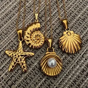 Gold Tarnish resistant Ocean Summer Seashell Clam Starfish Pearl Charm Mermaid siren core Beach Necklace Jewelry gift for her