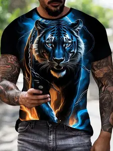 Cool Tiger Print Men's T-Shirt, Round Neck Fitted Classic Casual Streetwear Short Sleeve, Summer Outdoor Top, New 3D Printing Design, Striped Pattern, Menswear