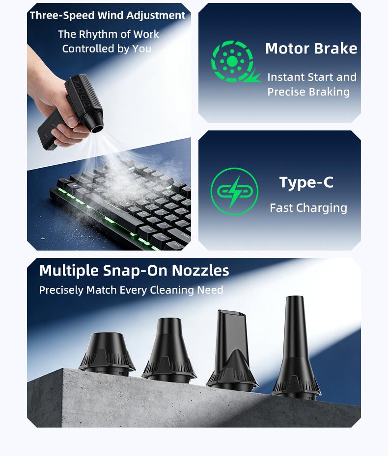 Powerful Turbo Fan 140,000 RPM Mini Portable Jet Fan Compressed Air Duster Keyboard Cleaner Type-C Rechargeable Handheld Blower for Cars PCs Snow Removal with 3-Speed Settings