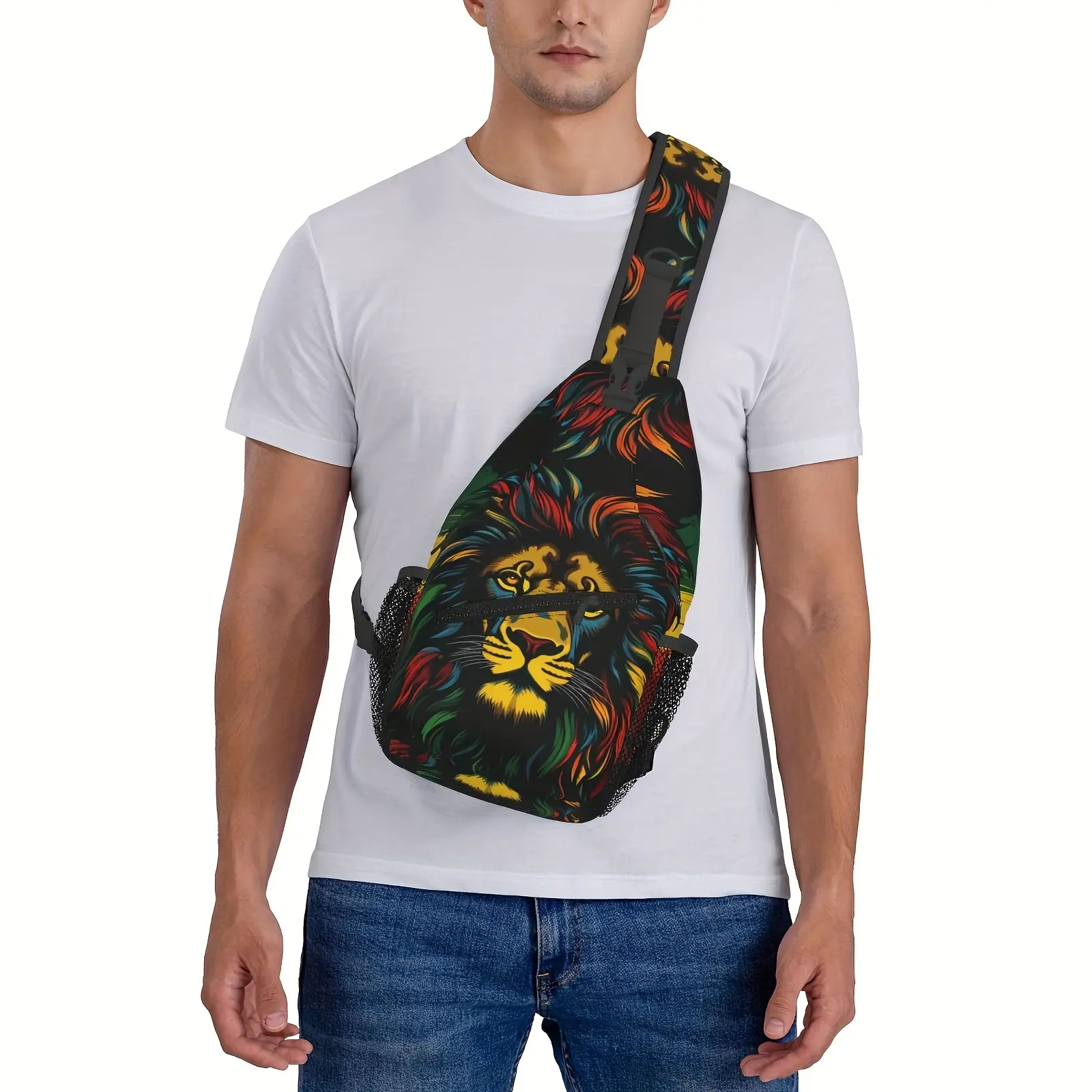 Crossbody Chest Bag Hiking Backpack Jamaica Reggae Music Lion Polyester Composite Cloth Large Capacity Durable Shoulder Bag for Shopping Work Leisure Travel Beach Fishing