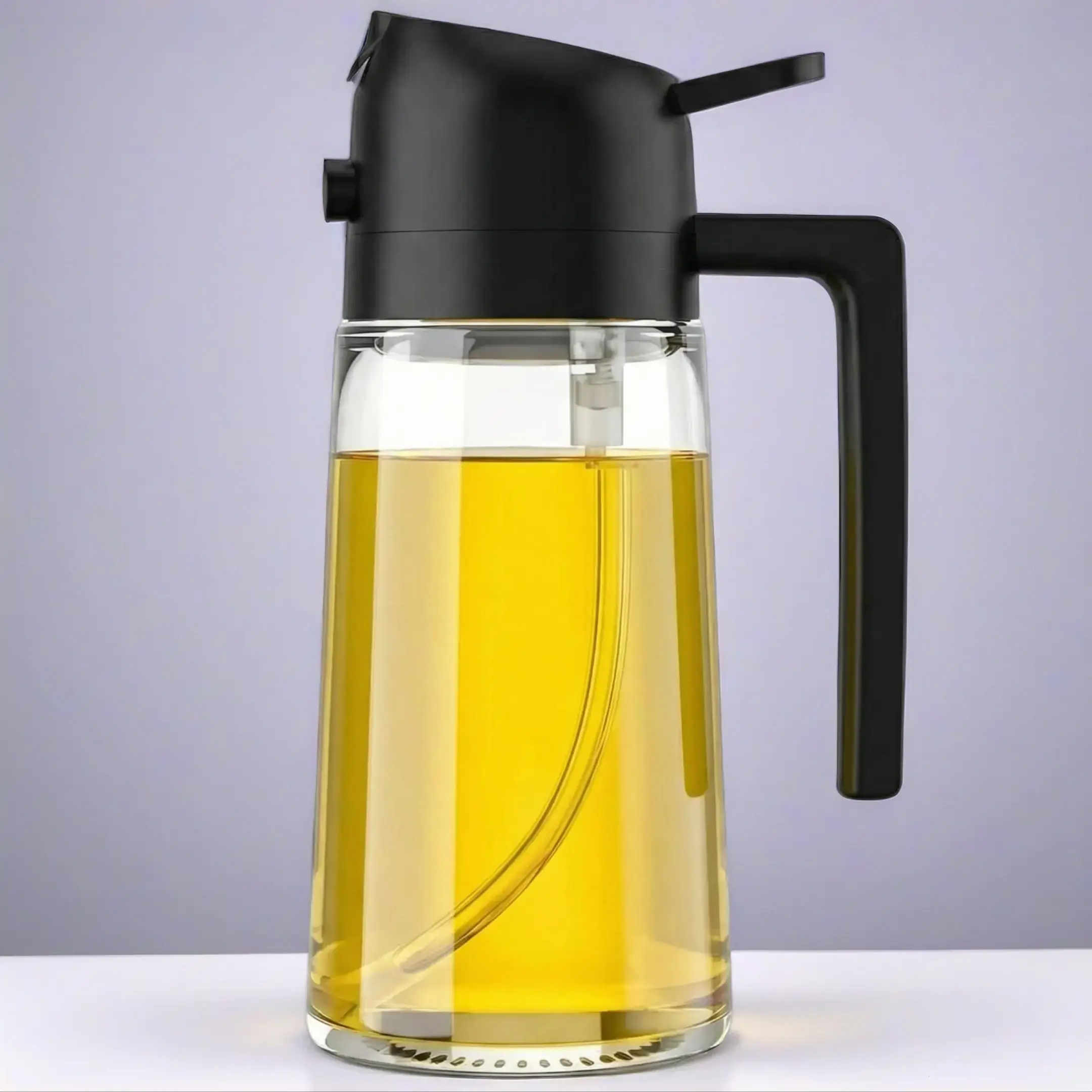 2-In-1 Functional Plastic Kitchen Oil Dispenser Utensil, 15.89oz Portable Spray+Pour Container with Strainer & Handle for Cooking, Baking, Salad Dressing
