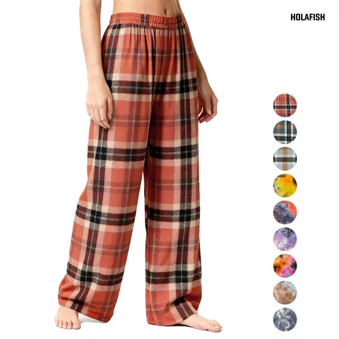Holafish Women's Casual Comfortable Plaid Print Knitting Pajama Pants - Stylish Relaxed Fit Tie Dye Accent Everyday Loungewear Bottoms for Sleep or Lounge