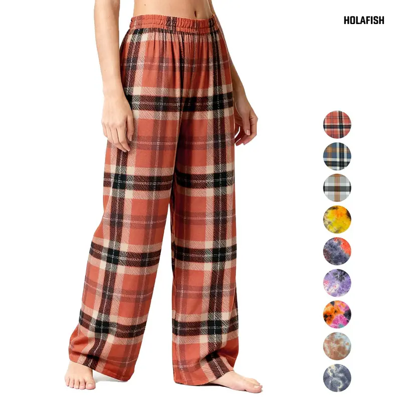 Holafish Women's Casual Comfortable Plaid Print Knitting Pajama Pants - Stylish Relaxed Fit Tie Dye Accent Everyday Loungewear Bottoms for Sleep or Lounge