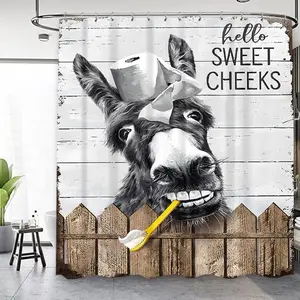 Funny Donkey Farmhouse Shower Curtain Rustic Western Retro Shower Curtains Black White Farm Fun Animal Modern Hello Sweet Cheeks Cute Waterproof Polyester Fabric Plastic Hooks