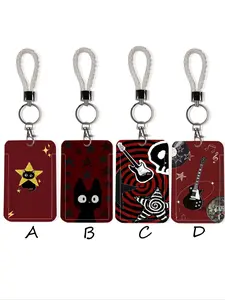Guitar Star Cat Pattern Pull-Tab Card Holder Lanyard, ID Badge Holder, ID Student Bus Identity Card, Backpack Car Key, Perfect Gift