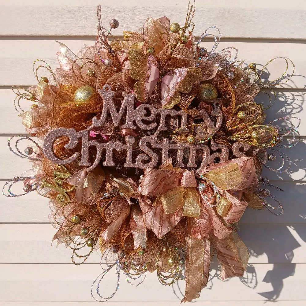 Merry Christmas Wreath with Glittering Gold Accents and Festive Bow for Holiday Decor