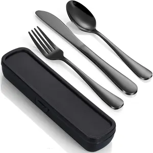 Travel Utensils with Case, 4- Stainless Steel Portable Cutlery Set, Reinforced Case with Buckle Design, Lunch Box for Camping Work School, Include Fork Spoon , Dishwasher Safe, Black
