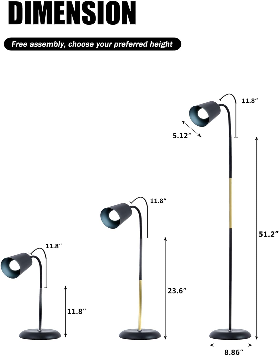 Short Floor Lamp, AoMck 2 in 1 Reading Table Lamps with Adjustable Bendable Neck, Standing Lamp for Living Room Bedroom Office, 12W Bulb Included (Black)