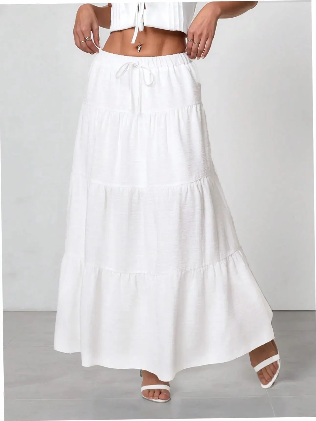 BLUELIFE Long Skirt Petite Solid White Casual Beach Vacation Autumn Outfit Back to School