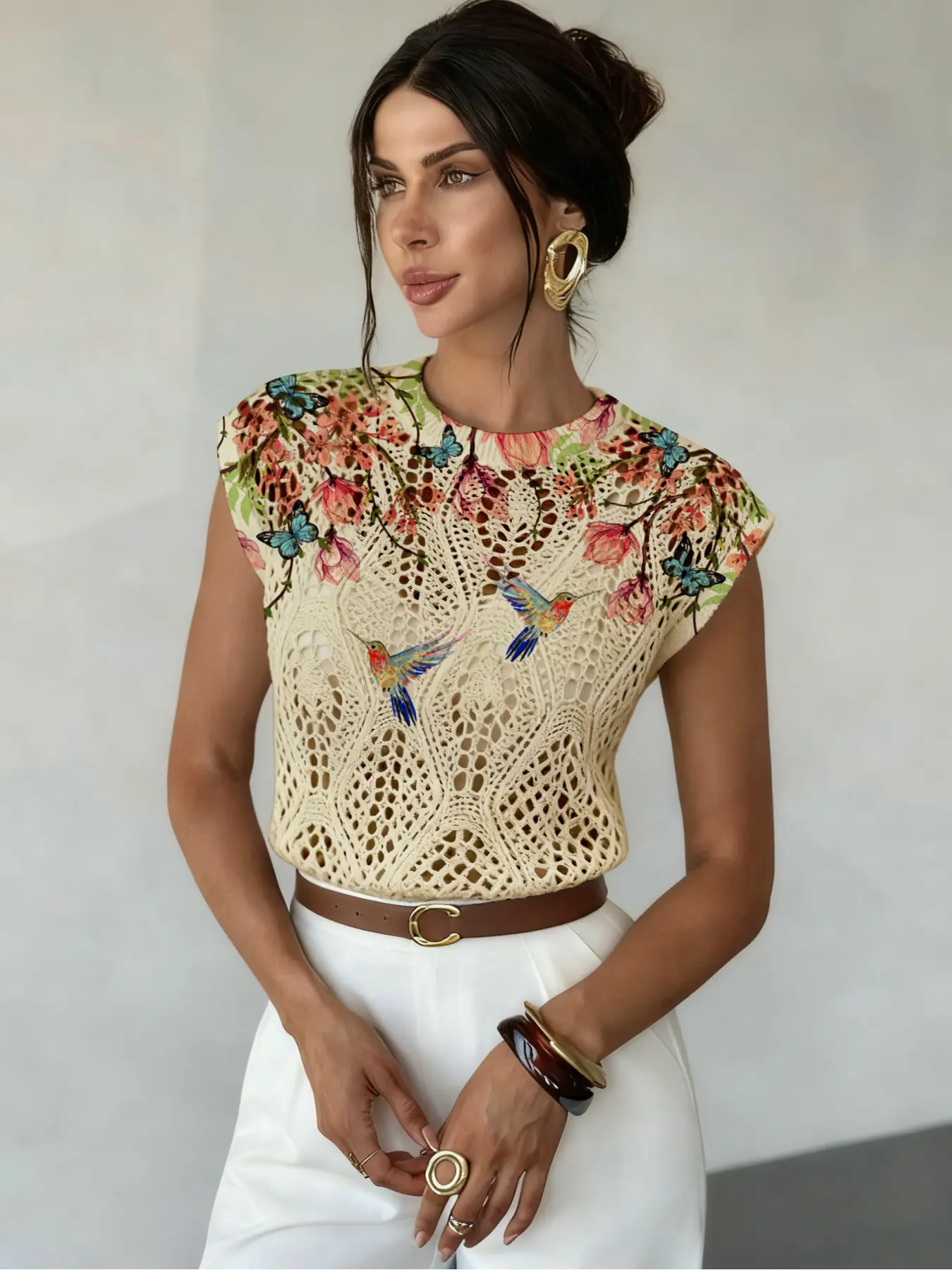 Floral Butterfly Print Round Neck Hollow Out Pullover Sweater, Casual Elegant Chic Sleeveless Knitwear for Spring Summer Fall, Comfortable Warm Women's Clothing