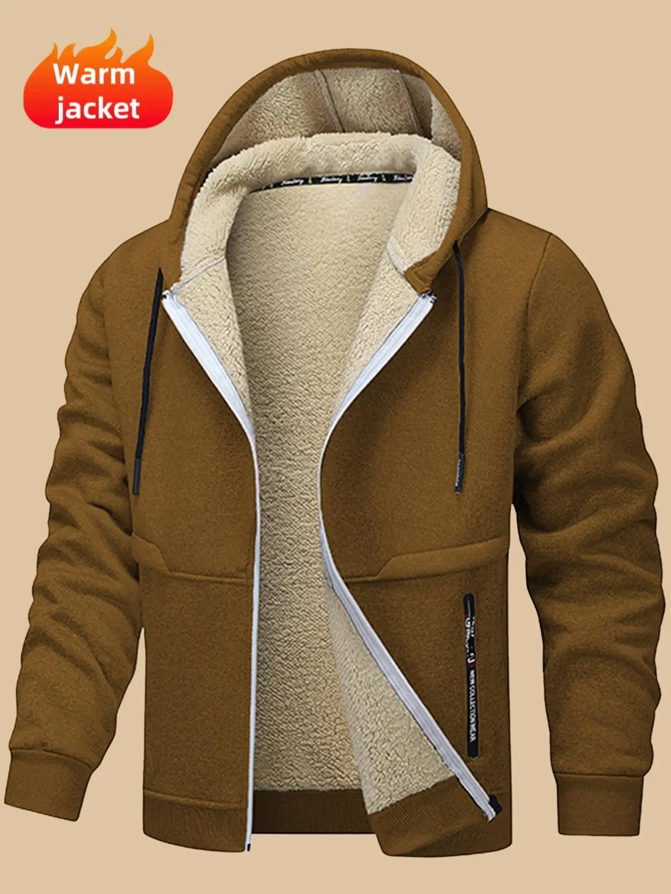 Men's Regular Fit Solid Pocket Drawstring Zip Up Fleece Hooded Jacket, Casual Long Sleeve Zip Front Outerwear for Fall & Winter, Men's Clothes for Dai