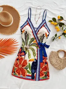 Women Mini Dresses，Spring and summer vacation, festival party dress, V-neck with bow tie, tropical plants and flowers print, halter elegant dress.
