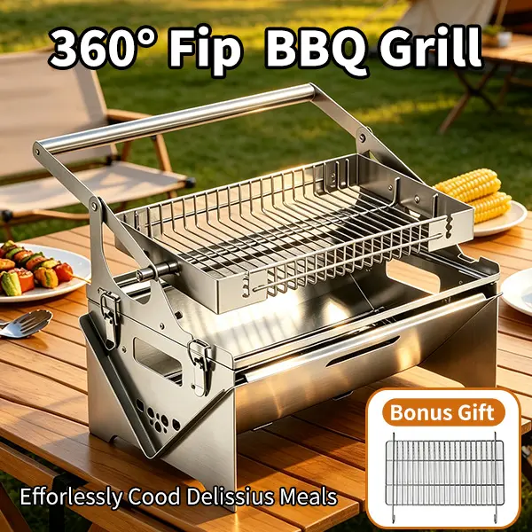 Portable Foldable BBQ Grill｜360° Rotation Stainless Steel｜Camping Picnic Outdoor Grill｜Manual No Power Needed