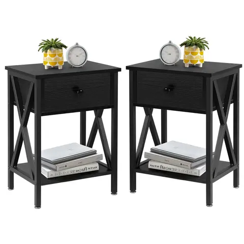 VECELO 2-Piece Classic Rectangle Rustic Woodgrain Print Tall Nightstand (Brown/Black/White) - MDF Wood-Based Bedroom Furniture, Steel Frame, Padded Drawers, PVC Nanofiber Stain Resistance, Fast DIY Setup, Apartment Furniture, Side Table, 24/7 Support