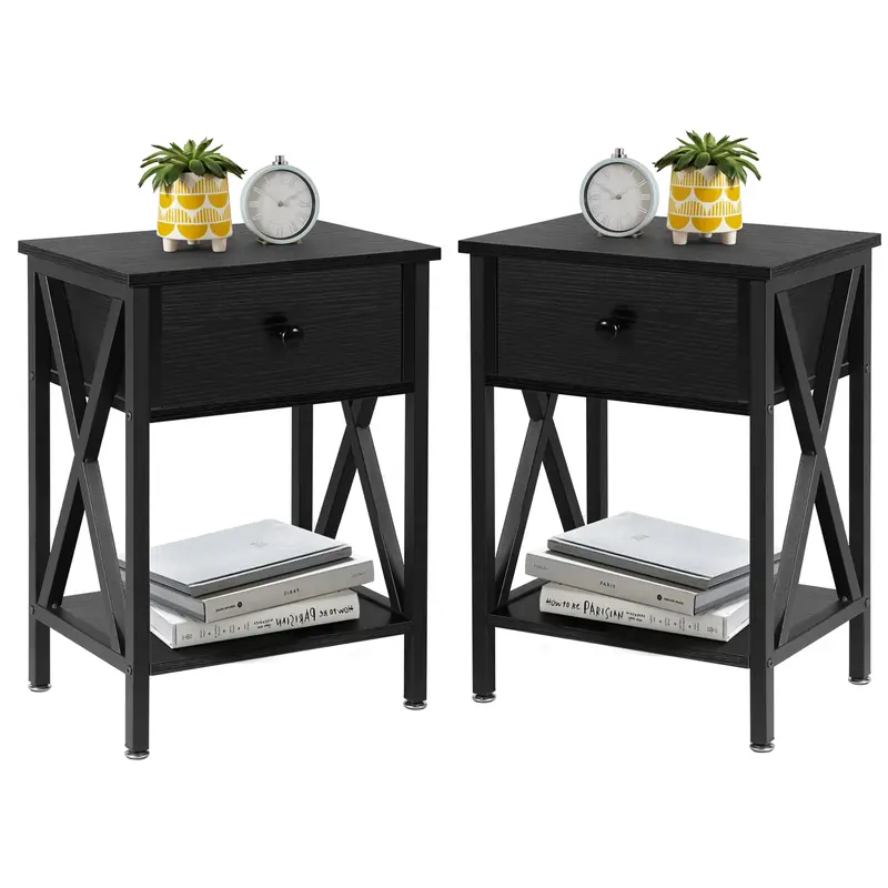 VECELO 2-Piece Classic Rectangle Rustic Woodgrain Print Tall Nightstand (Brown/Black/White) - MDF Wood-Based Bedroom Furniture, Steel Frame, Padded Drawers, PVC Nanofiber Stain Resistance, Fast DIY Setup, Apartment Furniture, Side Table, 24/7 Support
