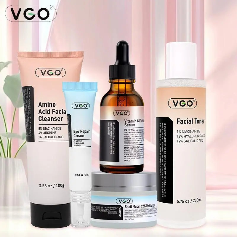 VGO SKINCARE 5-STEP ROUTINE CLEANSER + TONER + SERUM + EYE CREAM + MOISTURIZER Newly Launched,Simple All-in-One Skincare Set Hydrate vc serum Radiance Comfort Moisture Hydrating Moisturizing eyecream for puffy eyes  repair moisturizer