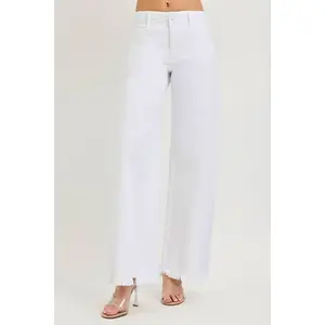 Risen Jeans-High Rise Palazzo Frayed Hem Denim-White