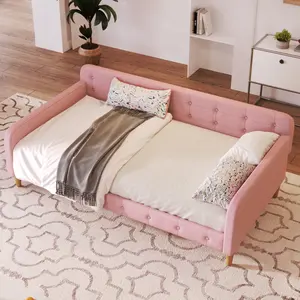 Twin Size Daybed,Upholstered Day Bed Frame with 4 Wood Legs,Button Tufted Sofa Bed for Living Room,Apartment,No Box Spring Needed,Pink