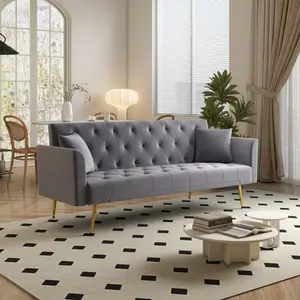Modern convertible 72 inch foldable sleeper sofa with tufted, American retro style, made of gray velvet material, suitable for small living rooms, bedrooms and offices. gray color