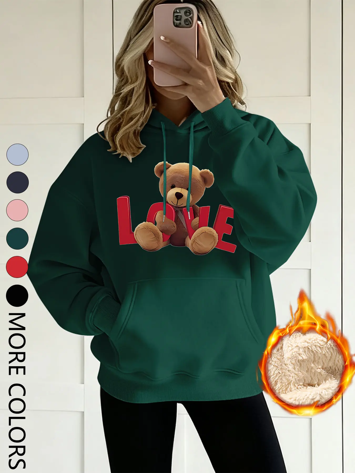 New Creative Love Letter Cartoon Animal Bear Print Women's Lady Sport Fitted Long Sleeve Funny Mom Hooded Top Hoodie Sweatshirts, Fleece Lined Thickened, Casual Comfortable Daily Wear, Womenswear