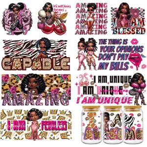 Black Women UV DTF Wraps - 8 Sheets African American Women UVDTF Decals for 16 oz Glass Cups, Inspirational Themes Transfer Stickers, Waterproof Rub on Transfer for Water Bottle, DIY Crafts