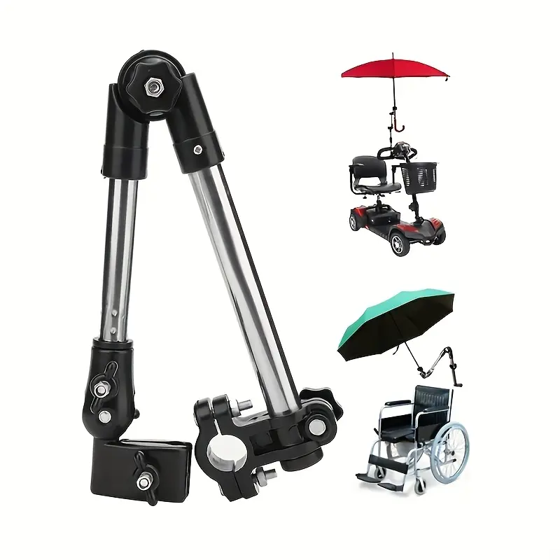 Folding Multi-functional Umbrella Holder for Wheelchair, Stainless Steel Rain and Sun Resistant Rotating Connector, Secure Mounting Bracket Accessory, Outdoor, Black, Durable, Securing