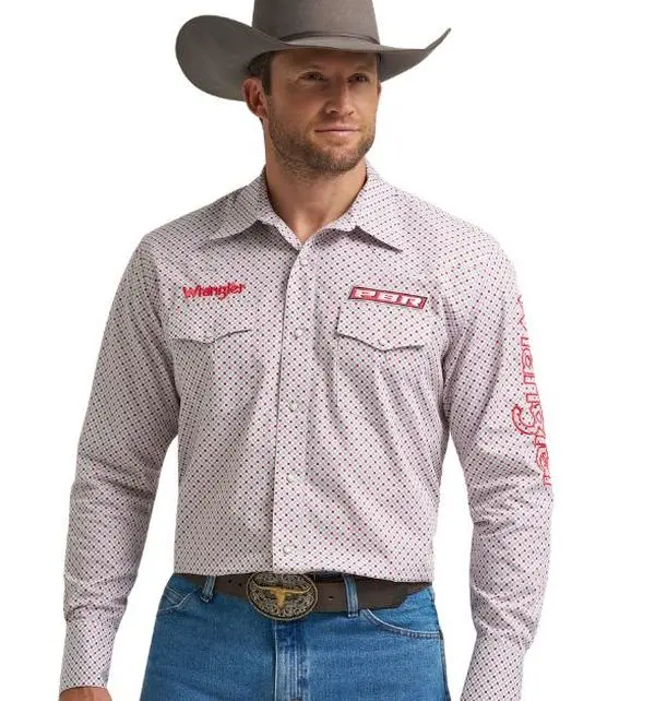 Wrangler® Men's PBR Logo Long Sleeve Button Down Shirt, White