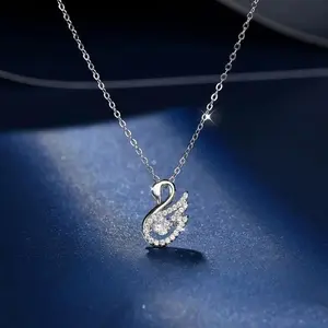Luxury Shiny Sterling Silver Full Zircon Little Swan Pendant Necklace for Woman Summer Exquisite Collarbone Chain Jewelry Gifts stainless steel hip-hop fashion