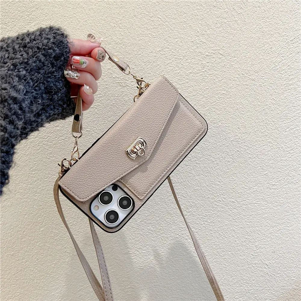 [LX] Leather Card Slot Holder Handbag Phone Case with Long Lanyard, Crossbody Wallet for iPhone 12 13 14 Plus 15 16 Pro Max - Mobile Smartphone Cellphone Protection Accessories