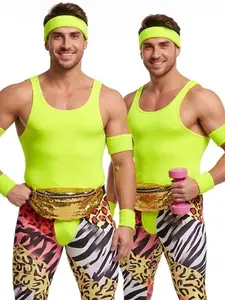 Men's Neon Yellow 80s Aerobics Costume - Workout Tank Top & Rainbow Animal Print Leggings