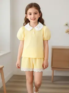 Cute Patchwork Embroidered Blouse with Bubble Sleeves, Fitted Shorts Set, Casual Summer for Daily Wear, Vacation, Outdoor Activities