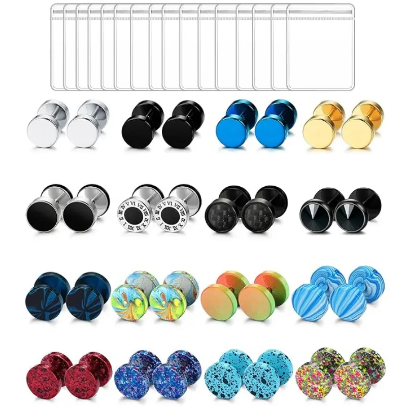 16 Pairs Stainless Steel Screw Back Earrings for Men Women, Round Dumbbell Stud Earrings Set, Multicolor Flat Screw Ear Plugs Piercing Jewelry with 16 Storage Pouches
