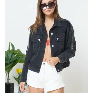 Denim Jacket for Women Oversized with Fringe Rhinestone Shoulder detail. One size. Black.  Womenswear Casual Everyday Comfortable Fabric Cotton
