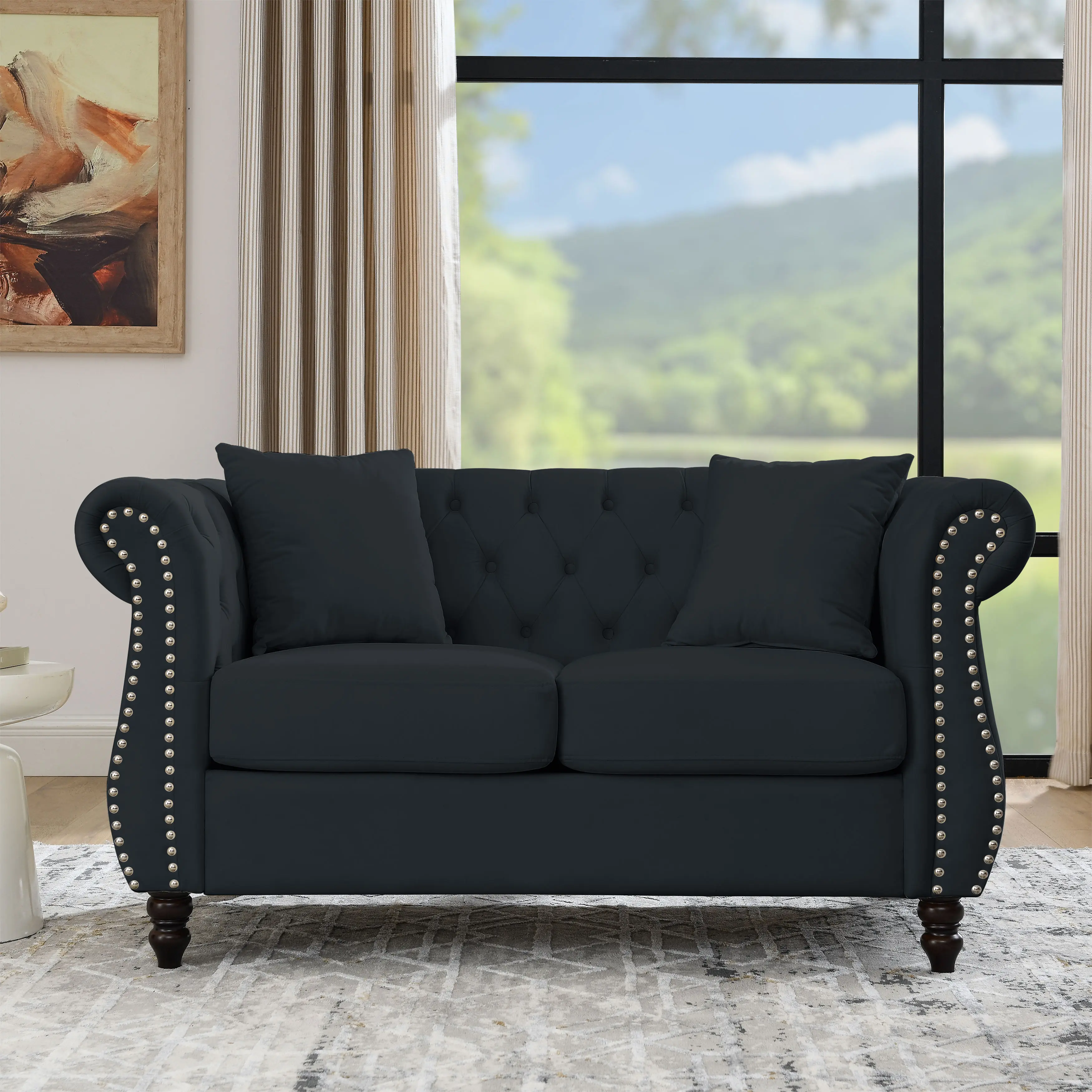 2-Seater Chesterfield Sofa Black Velvet Tufted Couch with Rolled Arms Nailhead Trim Solid Wood Frame Foam Cushions for Living Room Bedroom Office Apartment with 2 Pillows, Black Color Options, Velvet Material, 2 Seat Seat Count