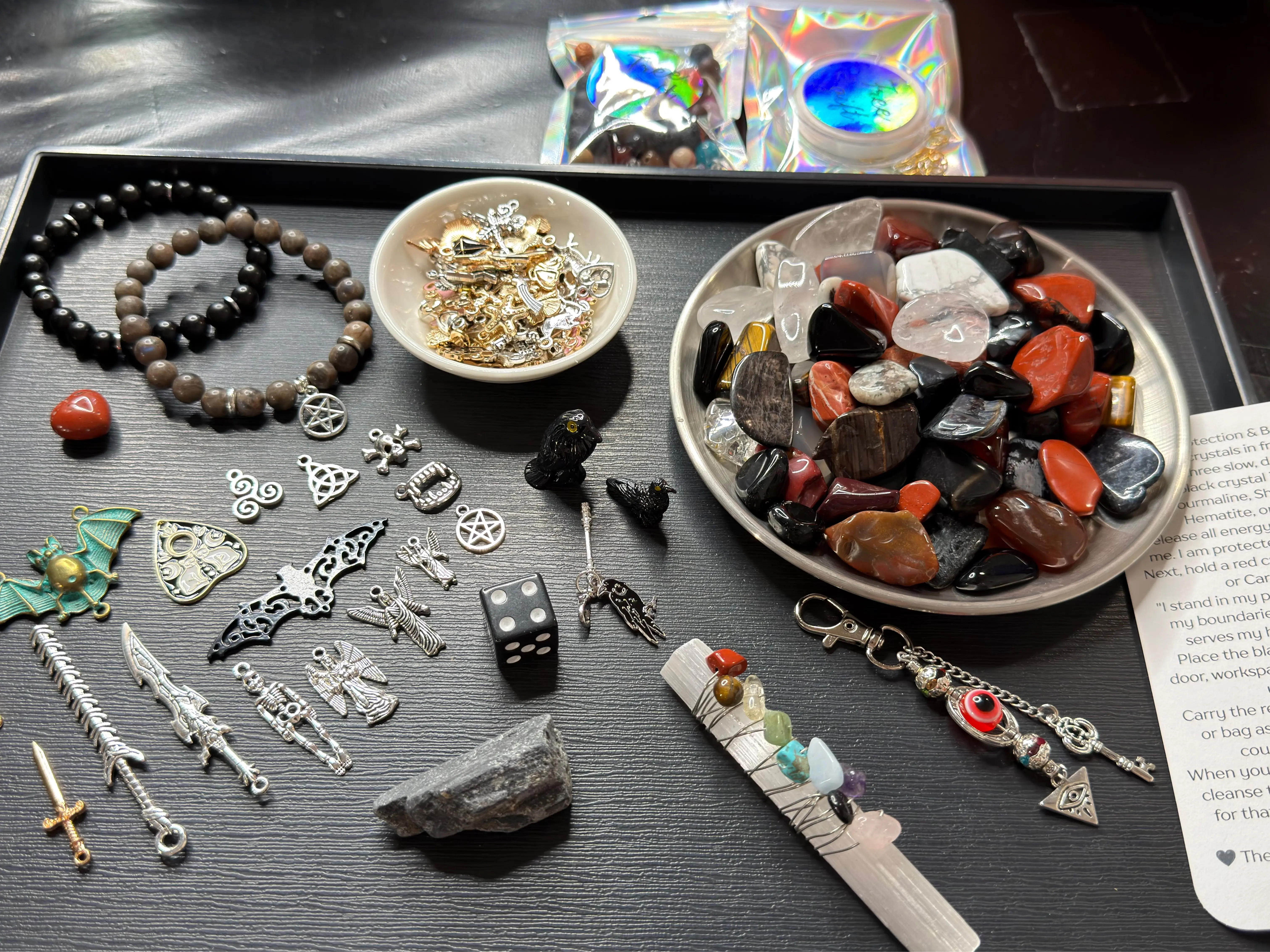 Unisex Witchy Protection & Banishing Crystal-Charm Bundle - Black Moonstone, Ebony Wood Collectibles with Boxes for Rituals