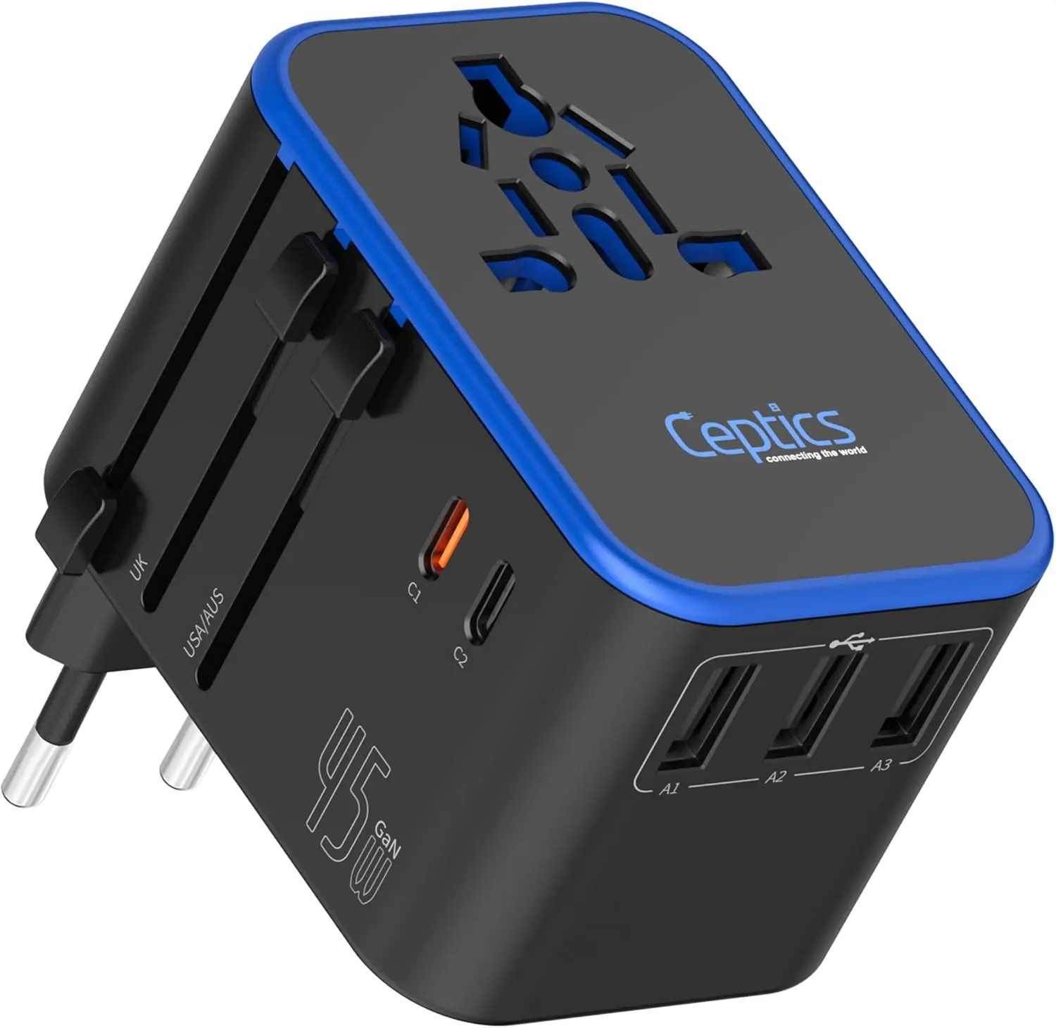 Ceptics 45W Universal Travel Adapter W/ 3 USB-A, 2 USB-C & Universal Input