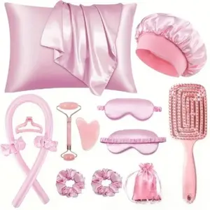 13-Piece Sleep Hairstyling Kit - Heatless Curler Set + Facial Roller, Satin Hairband, Soft Sleep Mask & Night Cap | Beige Queen Collection with Storage Bag - Lazy Girl Summer Silk Hair Curling & Facial Massage Beauty Tools, Heatless Hair Curlers