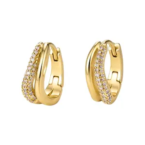 Aurem  Chic 14K Gold Layered Fake Stacking Studs, Aesthetic Sparkling Pave CZ Wave Huggies, Unique Quiet Luxury Clean Girl Hoop Jewelry