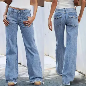 2026 Women Mid Waist Spring And Summer New Retro Fur Pants Wide-Leg Jeans Loose Big Pocket Jeans