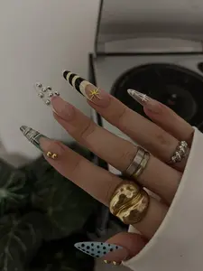 Minimal Luxe Press On Nails, Gold Star Chrome Nails, Neutral Abstract Nail Set