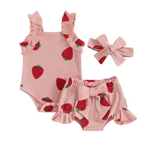 Newborn Baby Girls Summer Outfits Strawberry Print Ruffle Sleeveless Strap Waffle Knit Romper Bodysuit Elastic Waist Bloomers Shorts with Headband