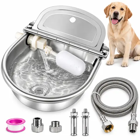 Automatic Livestock Pet Water Bowl, Stainless Steel Self-Filling Waterer with Float Valve, Drain Plug & Hose for Horses, Goats and Dogs